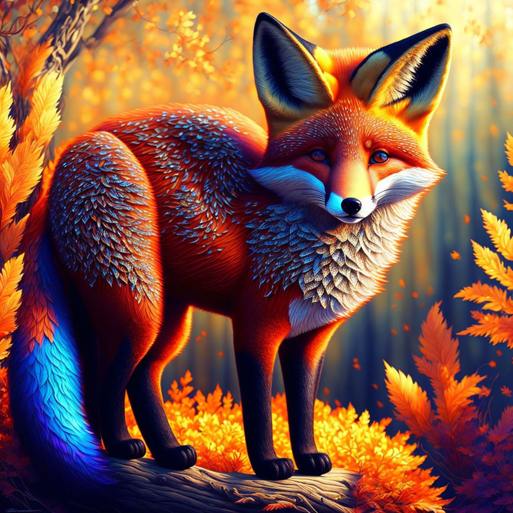 Detailed Red Fox Illustration in Autumnal Forest with Blue Tail