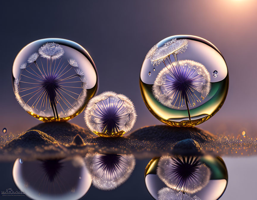 Translucent dandelion seed spheres on reflective surface with golden glow