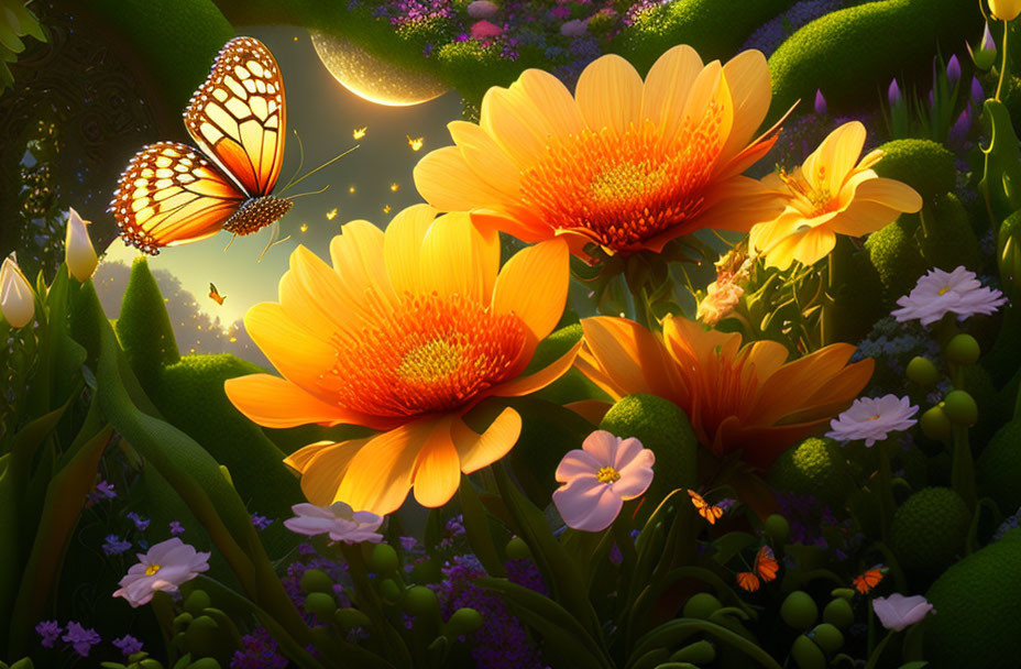 Orange Flowers, Butterfly, and White Blooms in Soft Light Among Greenery