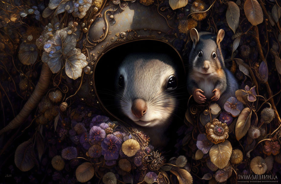 Adorable squirrels in hollow with floral patterns and earthy tones