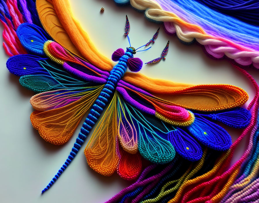 Colorful Thread Art: Blue and Purple Dragonfly with Swirling Patterns