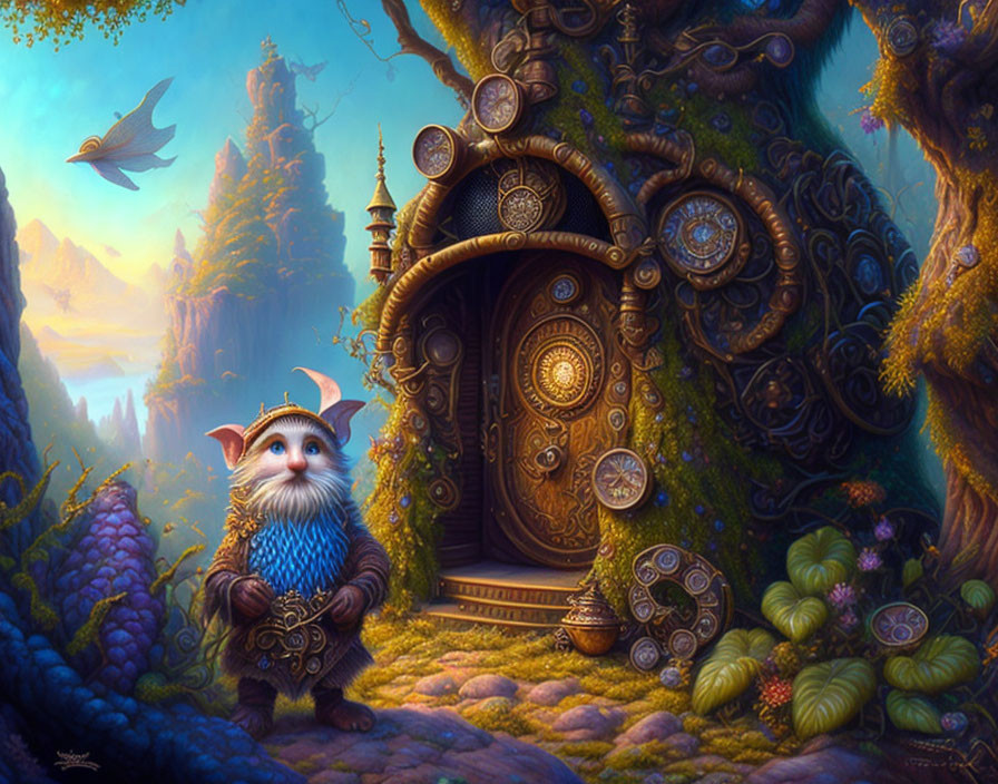 Fantasy forest scene with gnome in blue armor and ornate tree door