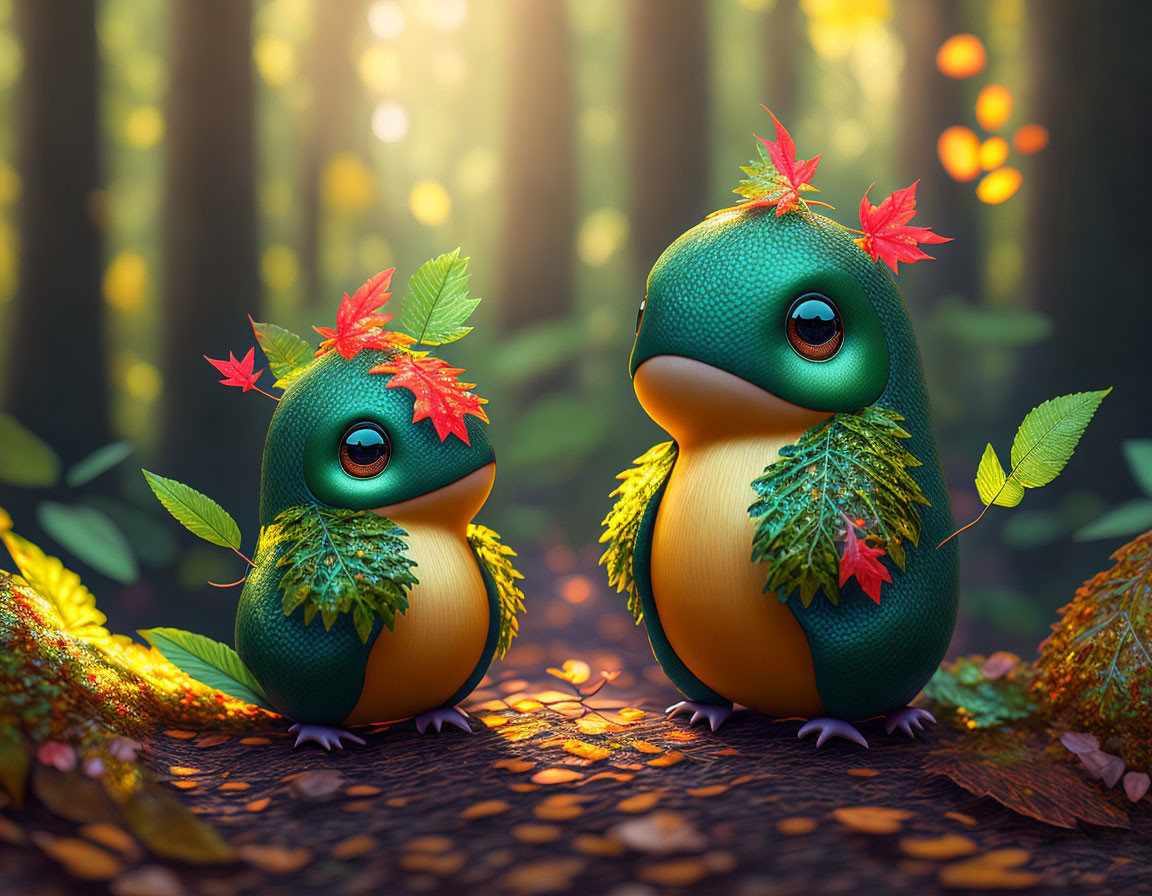 Whimsical animated birds with autumn leaves in magical forest