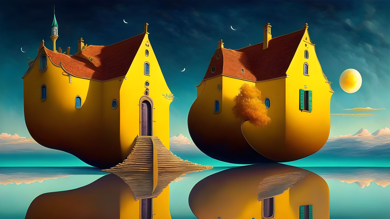 Floating yellow castle-like houses mirrored on water under a low moon and airplane