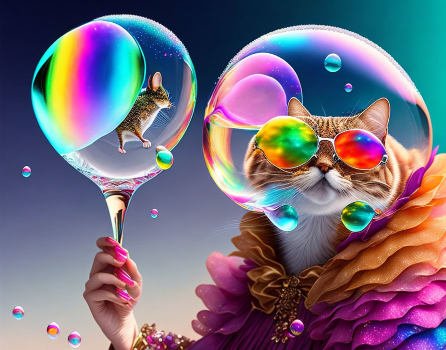 Colorful Cat with Sunglasses and Mouse in Bubbles Artwork