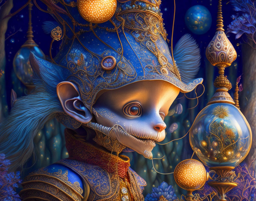 Whimsical feline character in ornate blue and gold attire with glowing orbs in magical twilight.