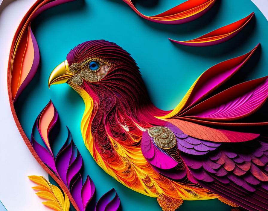 Vibrant paper art sculpture of a bird with intricate feather details