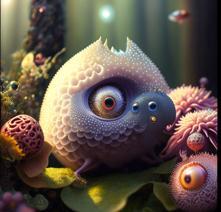 Fantastical creature with large eye and exotic plants in dreamy underwater setting