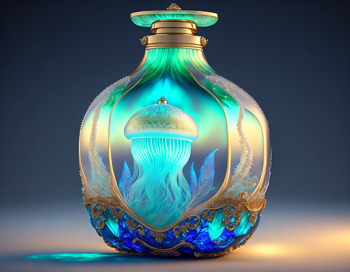 Detailed digital illustration of mystical bottle with gold and blue embellishments and ethereal jellyfish inside