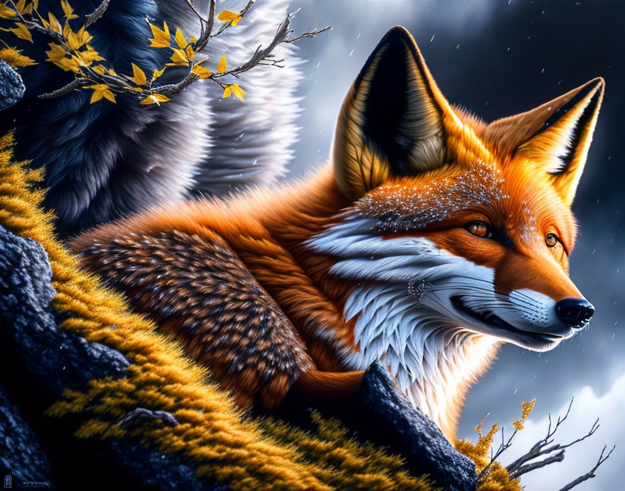 Red Fox Illustration Among Rocks and Branches Under Starry Night Sky