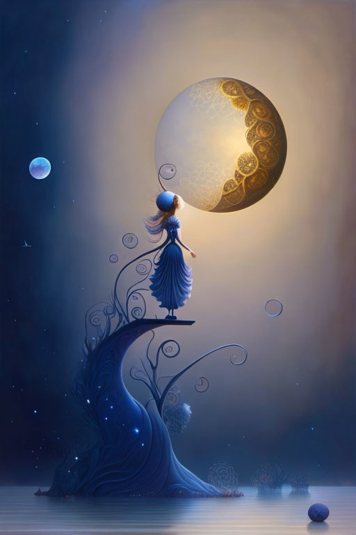 Surreal illustration: Woman in blue dress on whimsical tree structure under ornate moon.