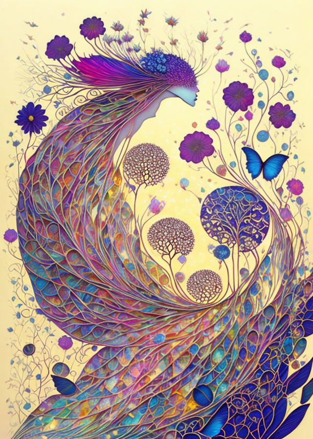 Vibrant peacock illustration with expanded tail feathers and whimsical flora