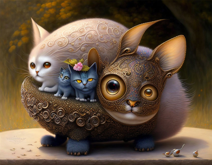 Whimsical painting of rabbit-like creature with surreal cats in golden-lit meadow