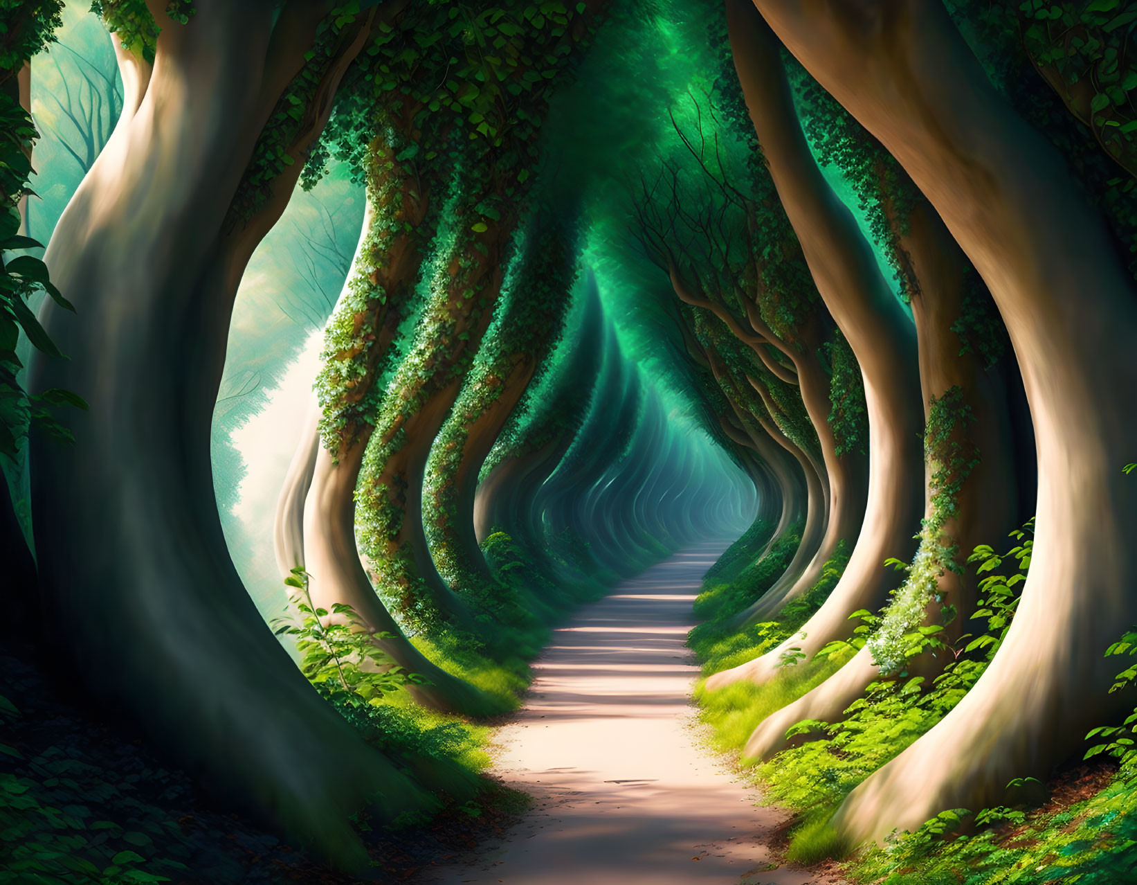 Tranquil forest path with towering trees and green canopy tunnel