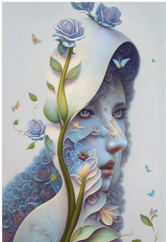 Surreal portrait blending woman's face with floral and butterfly elements