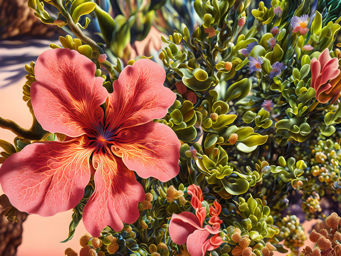 Detailed Red Flower Surrounded by Green Succulents on Earthy Background