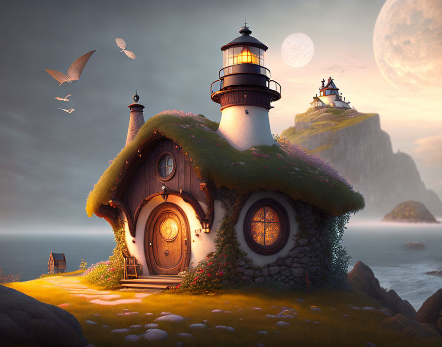 Charming cottage with lighthouse by the sea at dusk