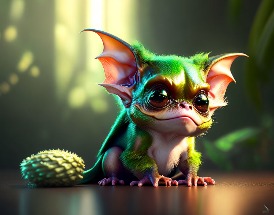 Small Cute Fantasy Creature Next to Spikey Pod in Warm Sunlight