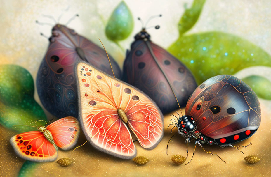 Illustrated Butterflies and Ladybug with Decorative Wing Patterns in Nature Scene