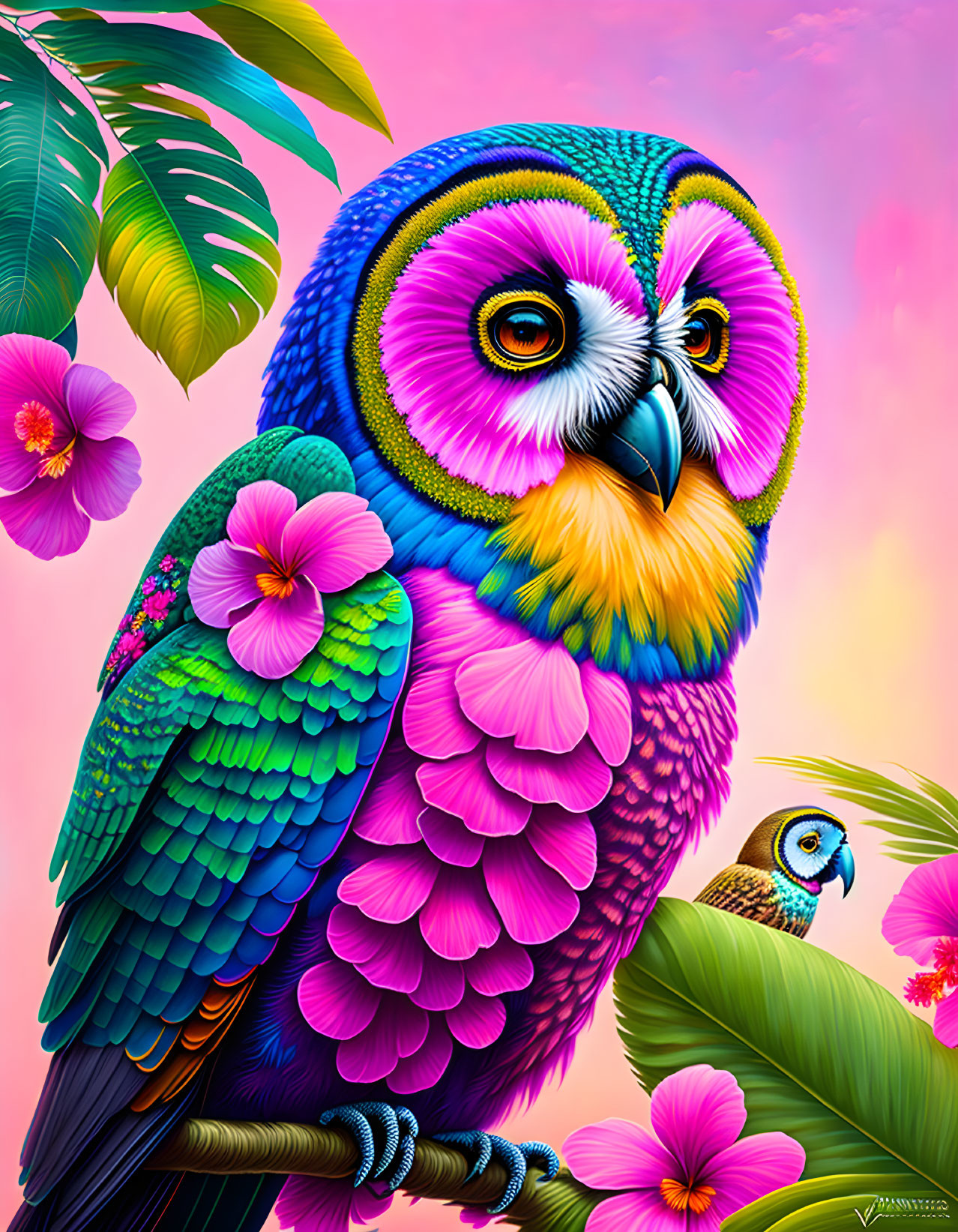 Colorful digital artwork featuring two stylized owls in tropical setting