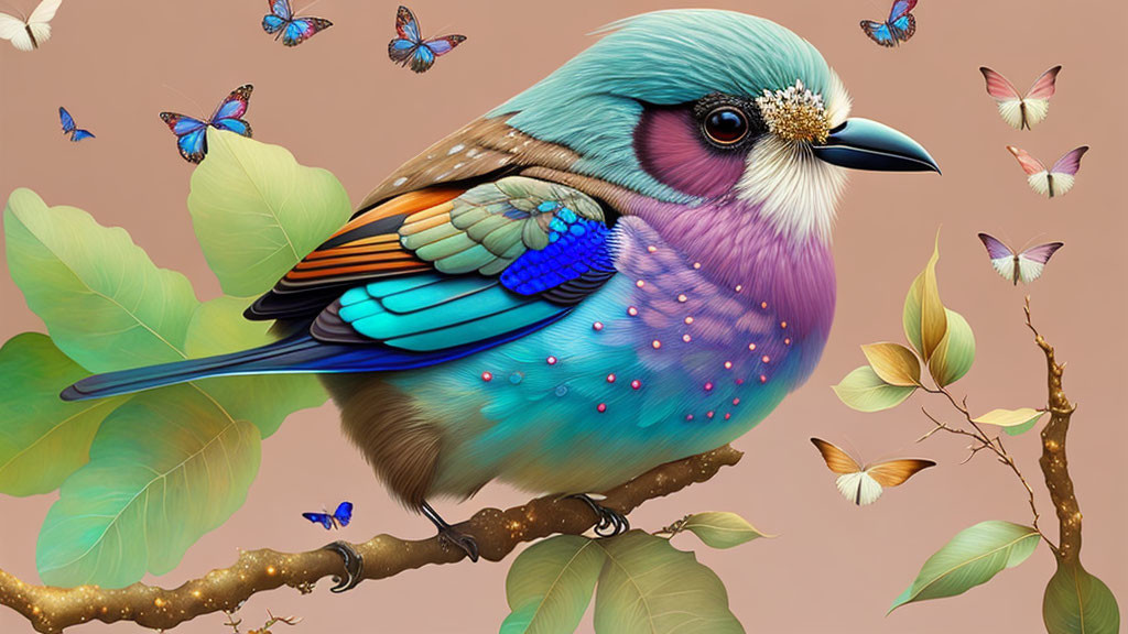 Colorful Bird Illustration with Feather Patterns and Butterflies