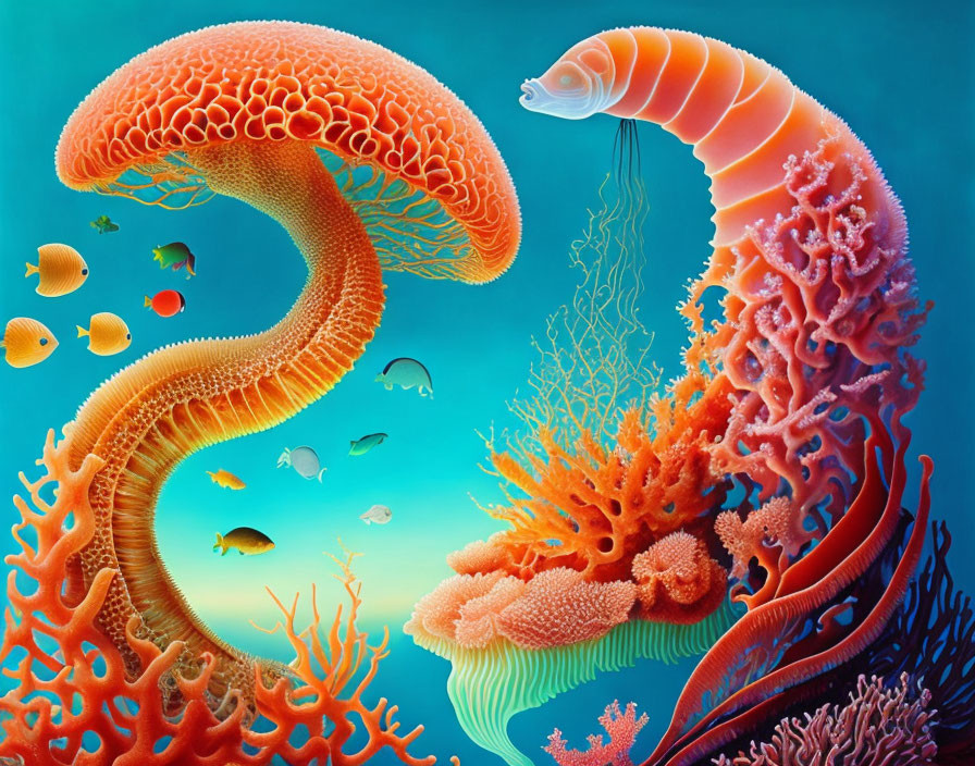 Colorful fish and surreal coral structures in vibrant underwater scene