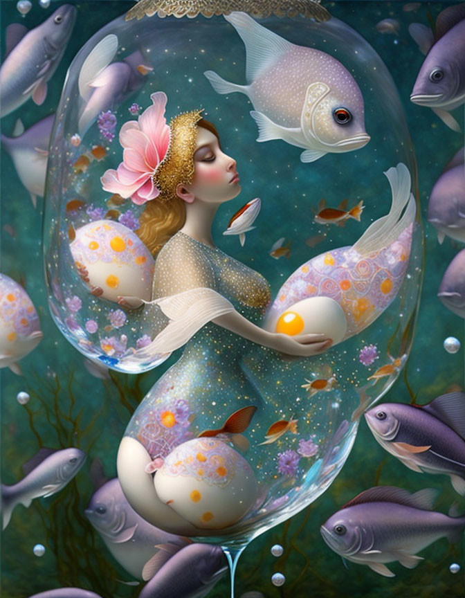 Woman in transparent bubble underwater with fish and glowing egg