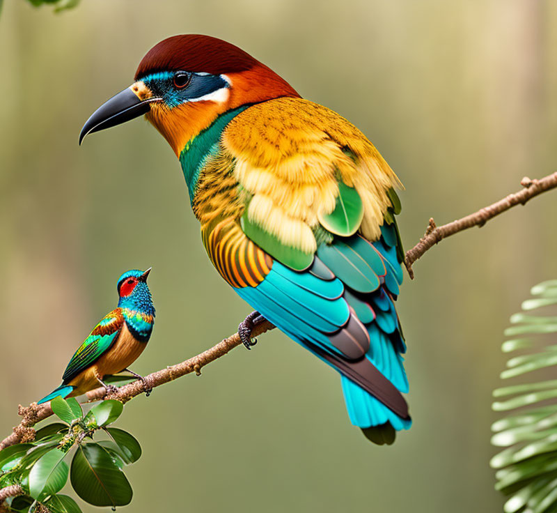 Colorful Birds Perched on Branch in Vibrant Photograph