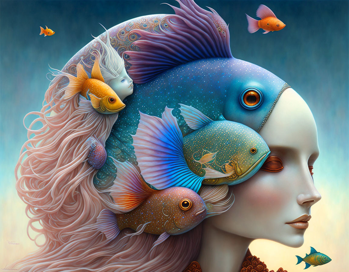 Surreal woman's profile art with space and fish elements in hair