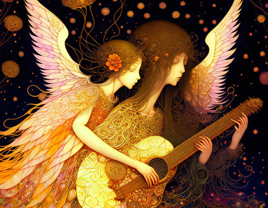 Stylized angelic figures with ornate wings playing instrument on dark background