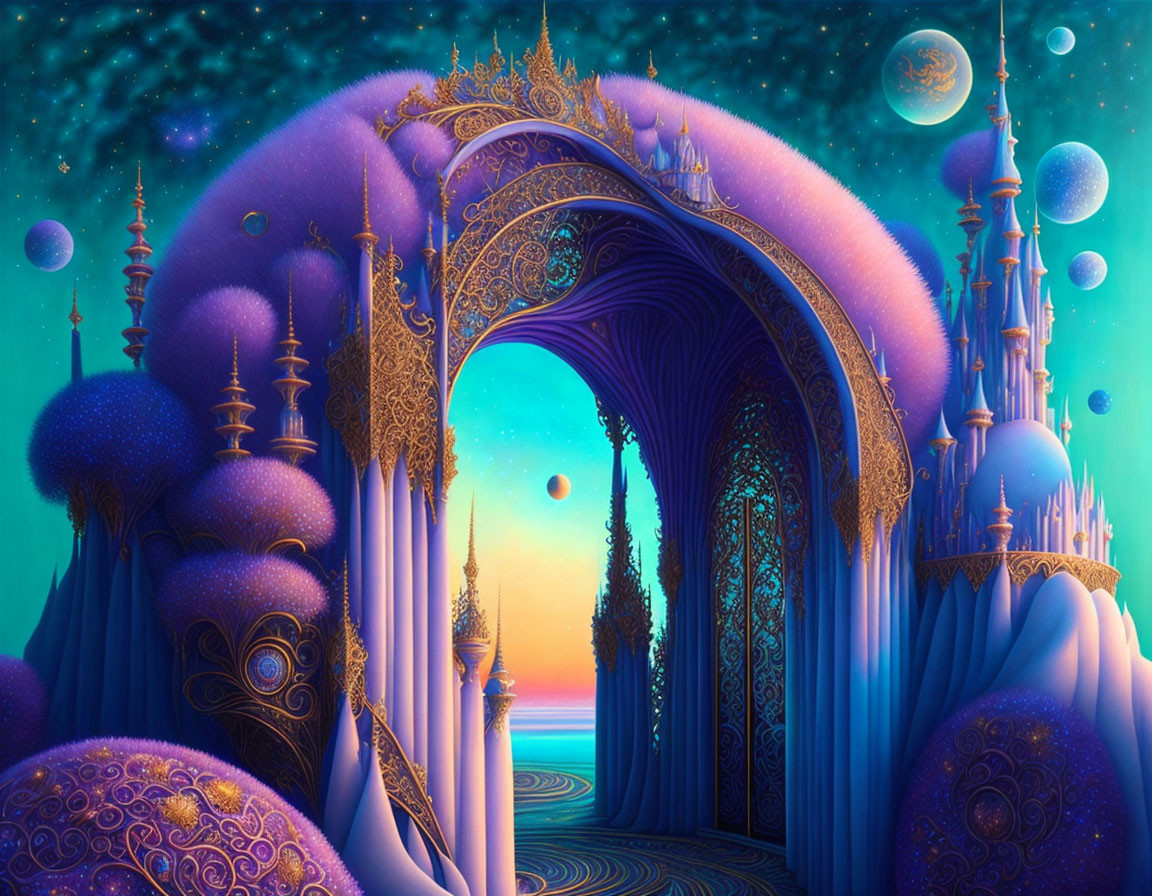 Intricate golden archway leads to surreal whimsical landscape