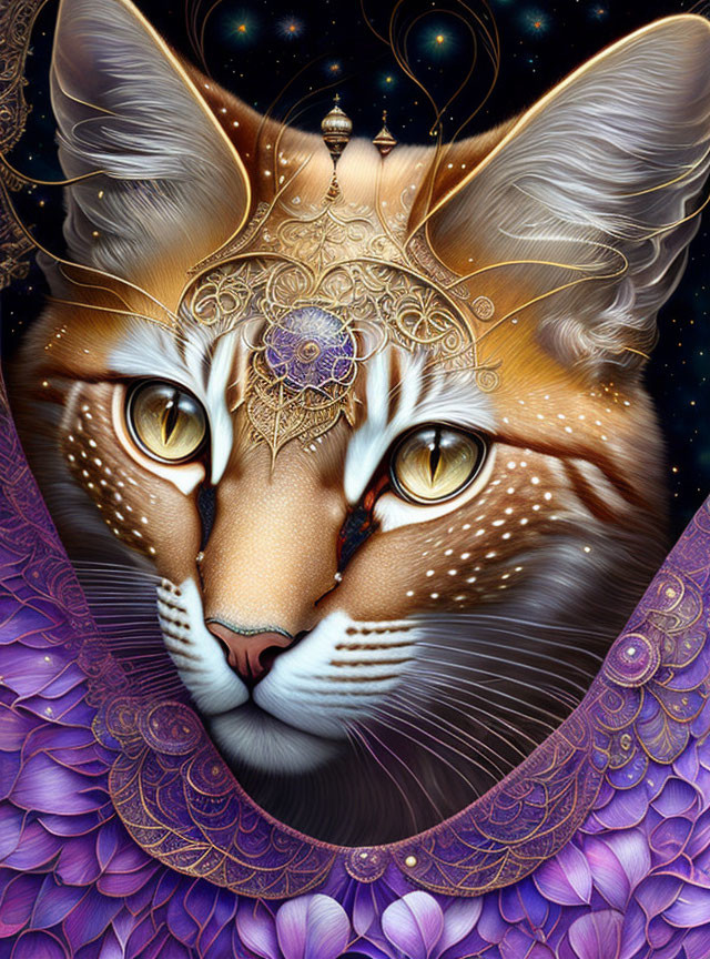 Mystical cat with golden headpiece in cosmic setting