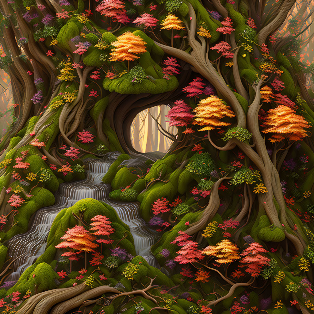 Fantastical tree with intertwining branches and vibrant leaves by cascading waterfall