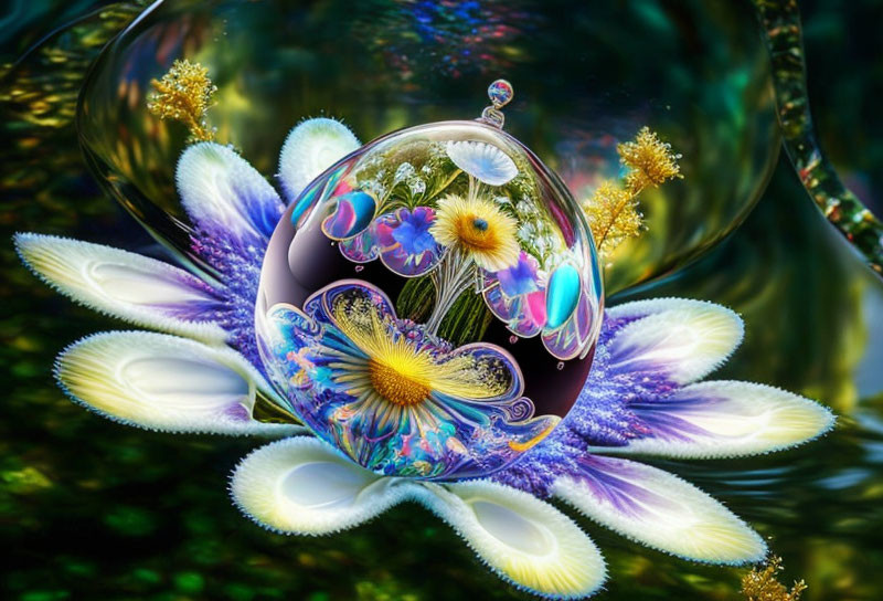 Colorful digital artwork: Reflective sphere with flowers on purple daisies, green background