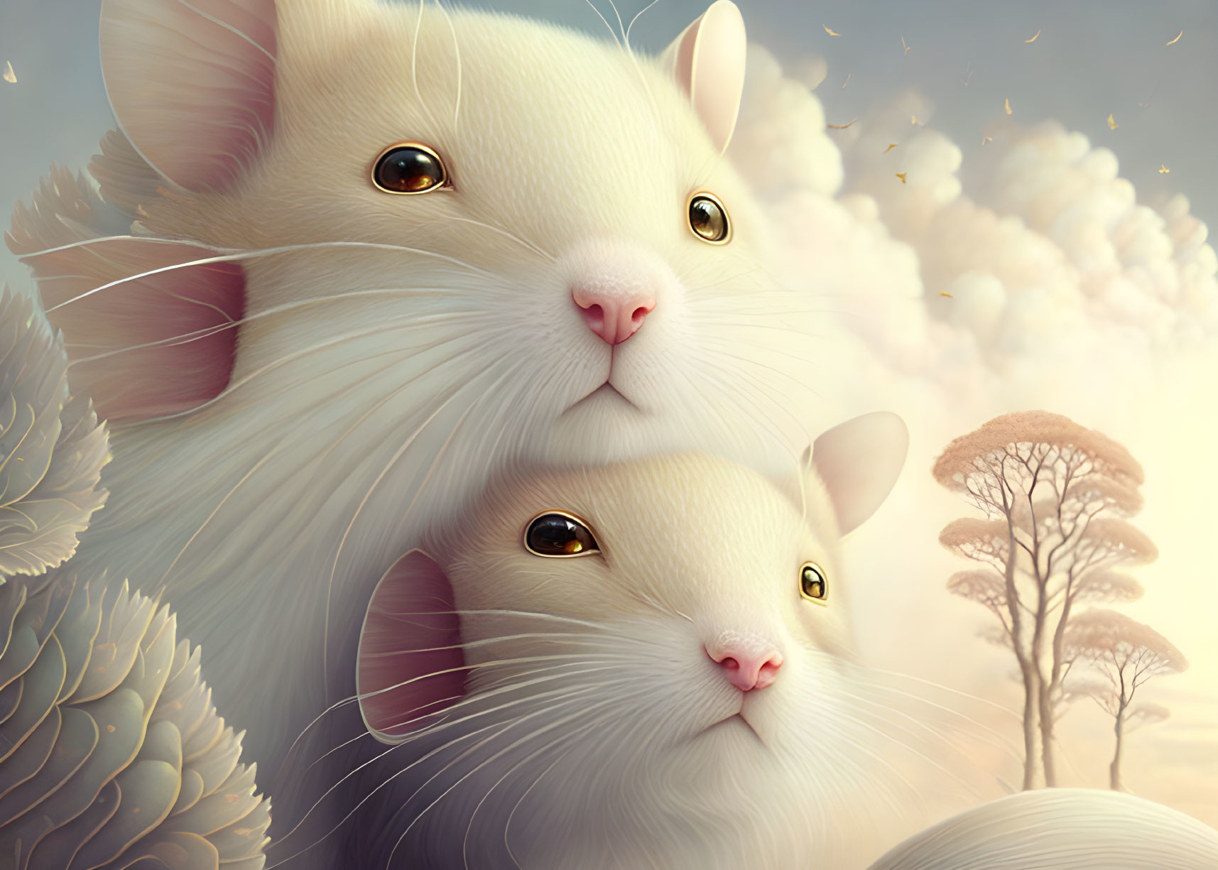 Whimsical white mice in soft-focus landscape