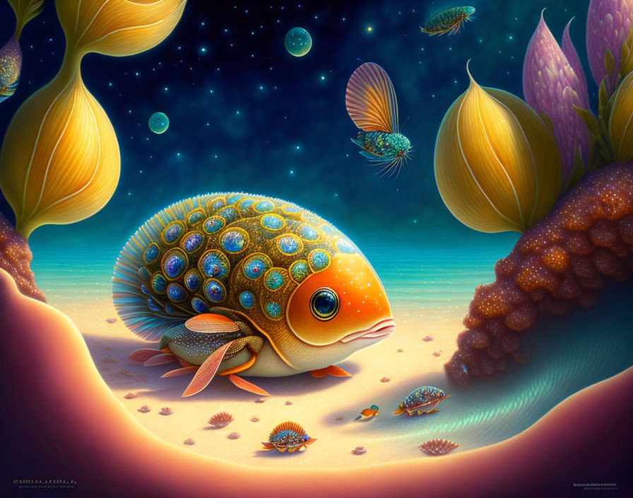 Colorful underwater scene with whimsical fish and vibrant flora.