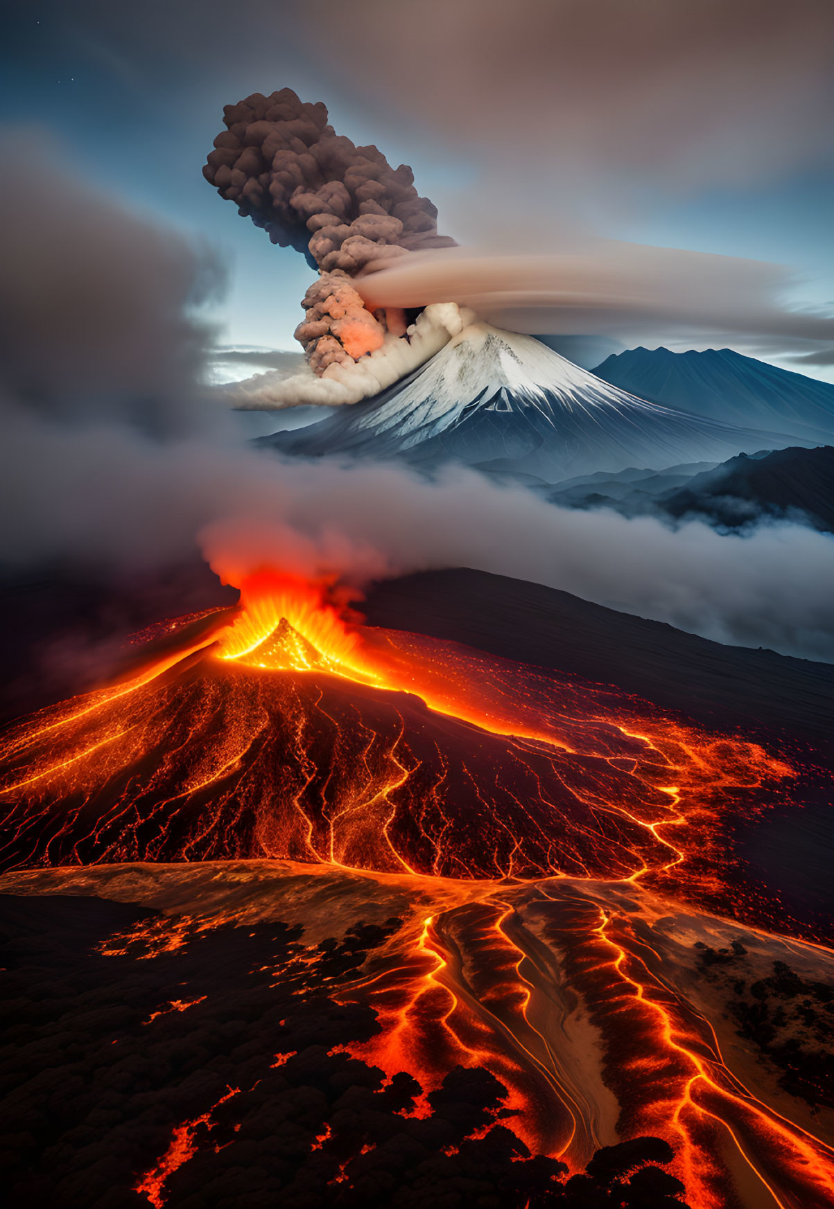 Majestic night volcano eruption with glowing lava flows