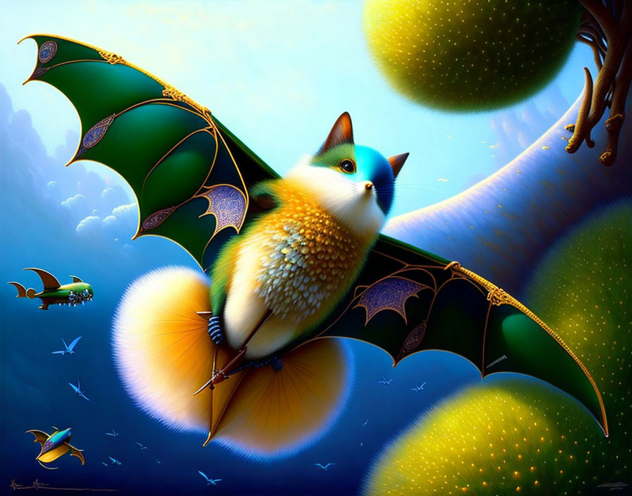 Illustration of bird-bodied creature with bat wings in surreal setting