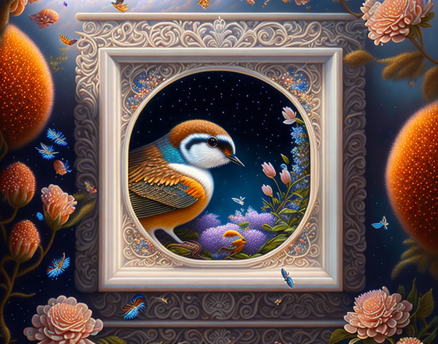 Ornate frame with stylized bird and blooming flowers under starry sky