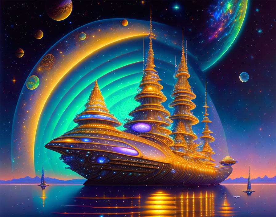 Futuristic golden spaceship in vibrant sci-fi scene