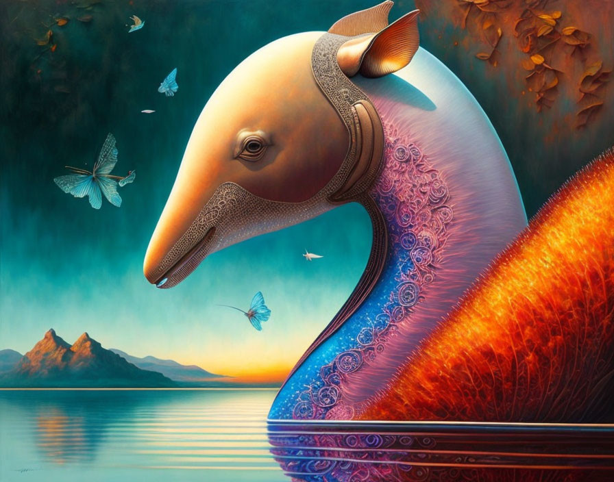 Surreal painting: Dolphin with intricate patterns in scenic landscape