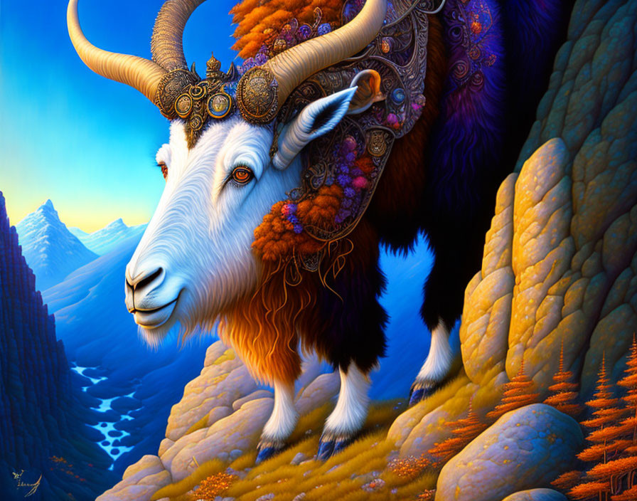 Majestic goat with ornate horns on mountain ledge