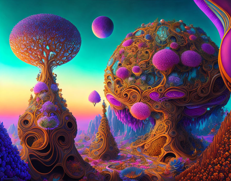 Fantasy landscape with tree-like structures and floating spheres at sunset