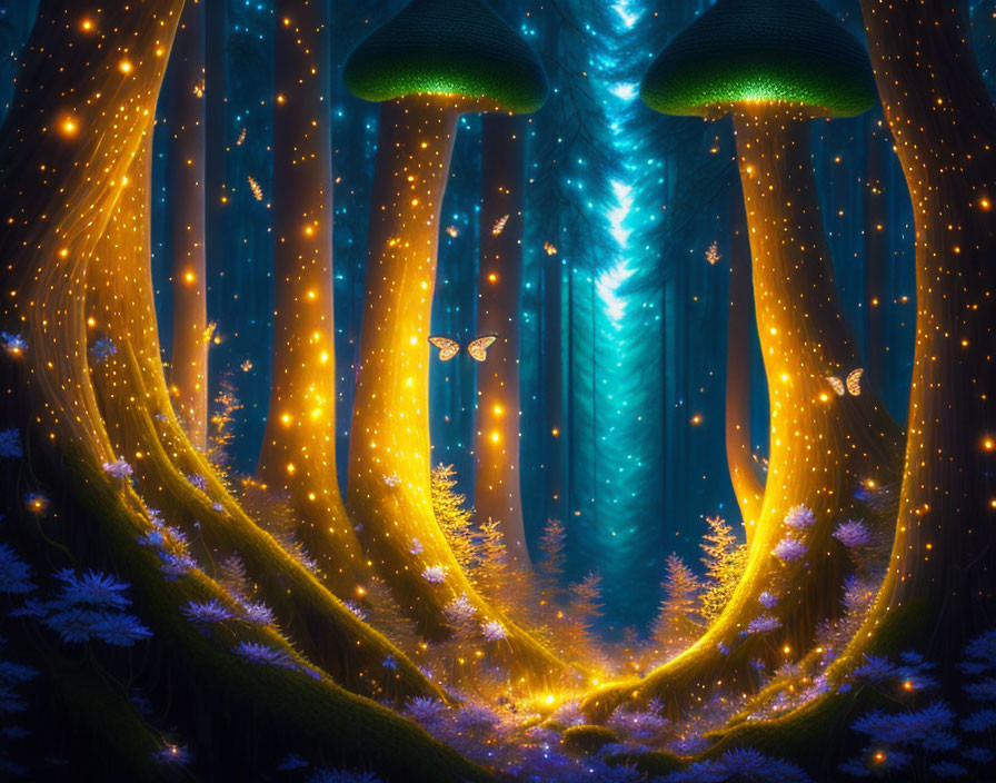 Enchanting forest with oversized glowing mushrooms and fluttering butterflies