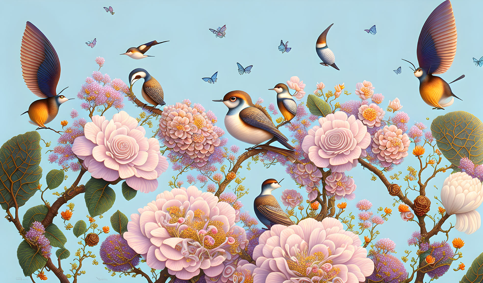 Colorful birds in flight with outstretched wings amid pink flowers and butterflies on a blue sky.