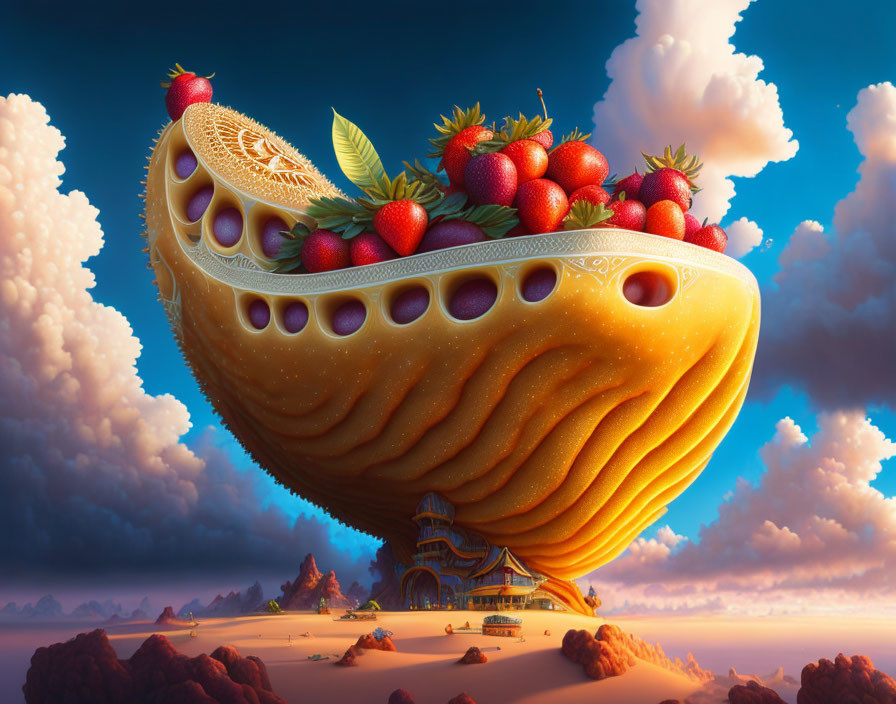 Digital artwork: Giant floating pastry over desert with house and boat