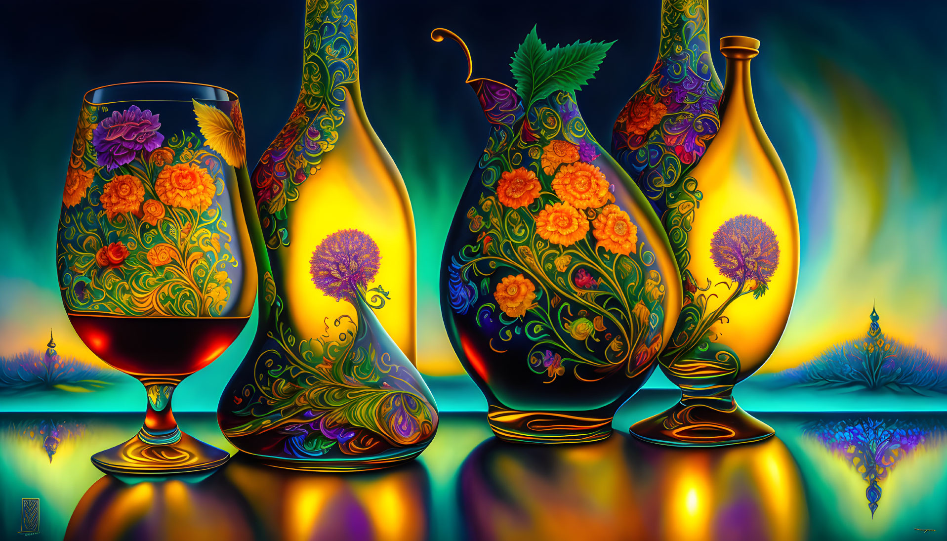 Colorful still-life painting: ornate wine glass, vases with floral & peacock designs on