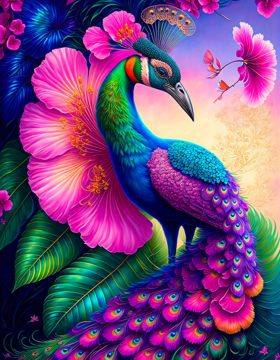 Colorful Peacock in Lush Floral Scene with Butterfly