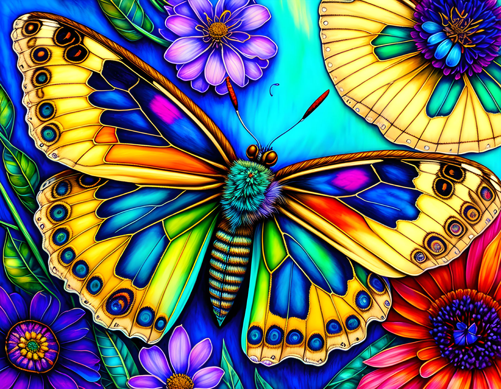 Colorful Butterfly Illustration with Intricate Wing Patterns Among Flowers