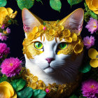 Colorful Cat Art with Gold Coins and Flowers on Dark Background